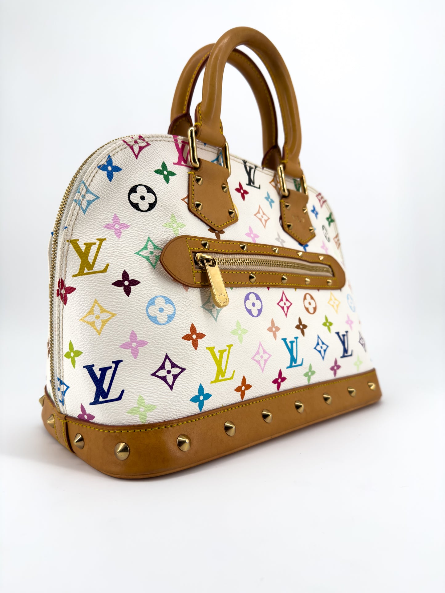 Louis Vuitton Alma Multicolore par Takashi Murakami — Toile Monogram Blanc, Cuir Naturel Clouté, Édition 2004