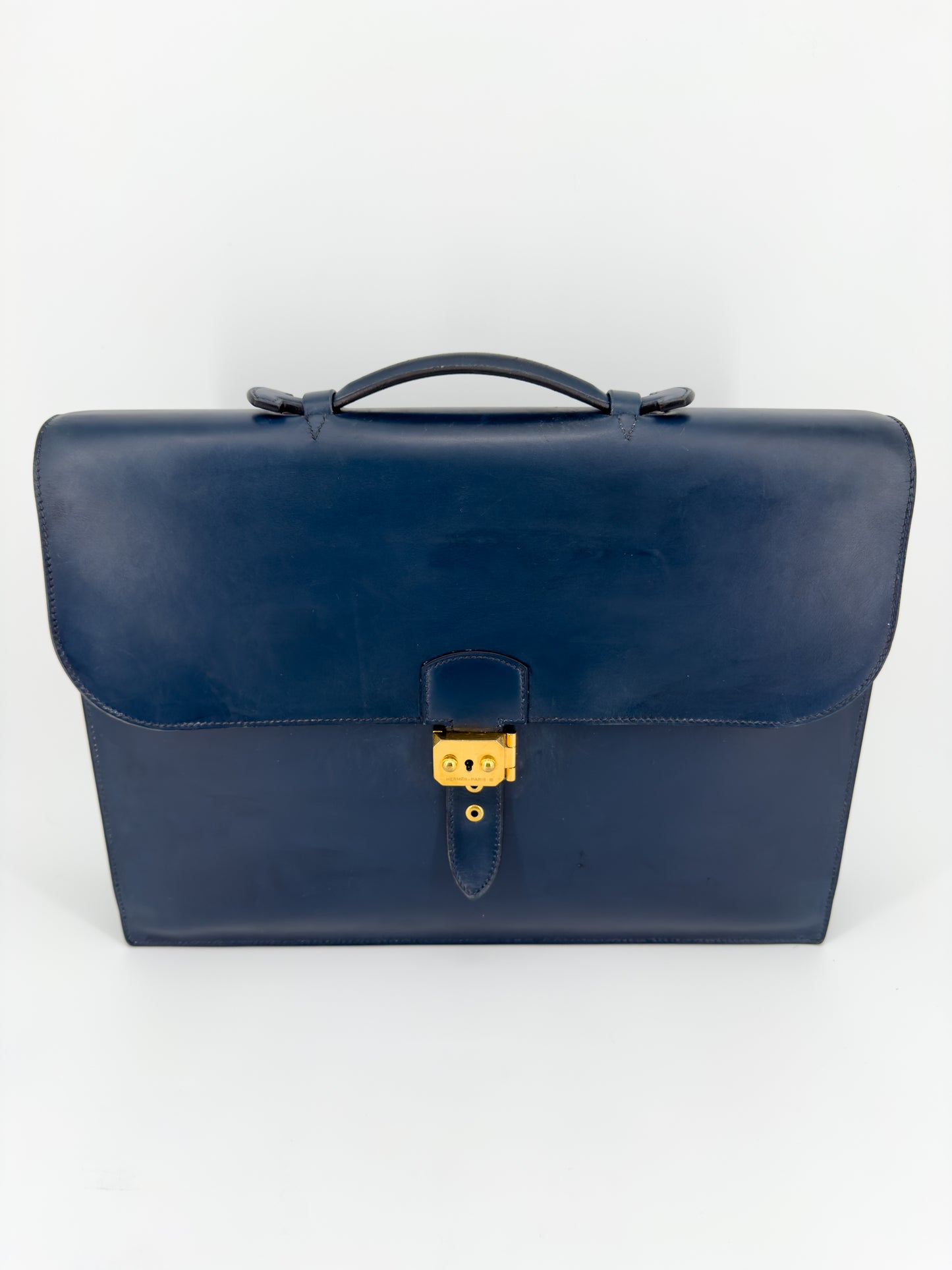 Sac à dépêches Hermès en cuir box bleu marine
