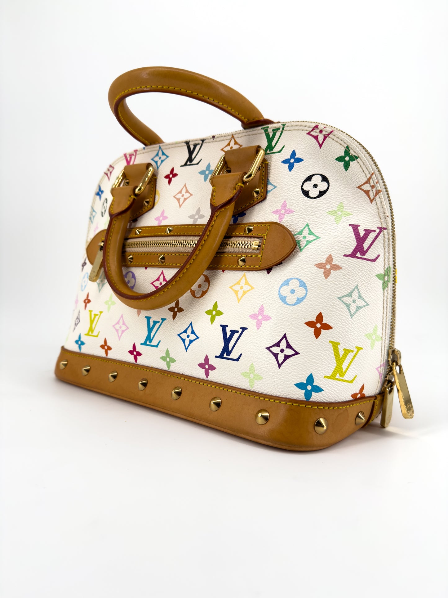 Louis Vuitton Alma Multicolore par Takashi Murakami — Toile Monogram Blanc, Cuir Naturel Clouté, Édition 2004
