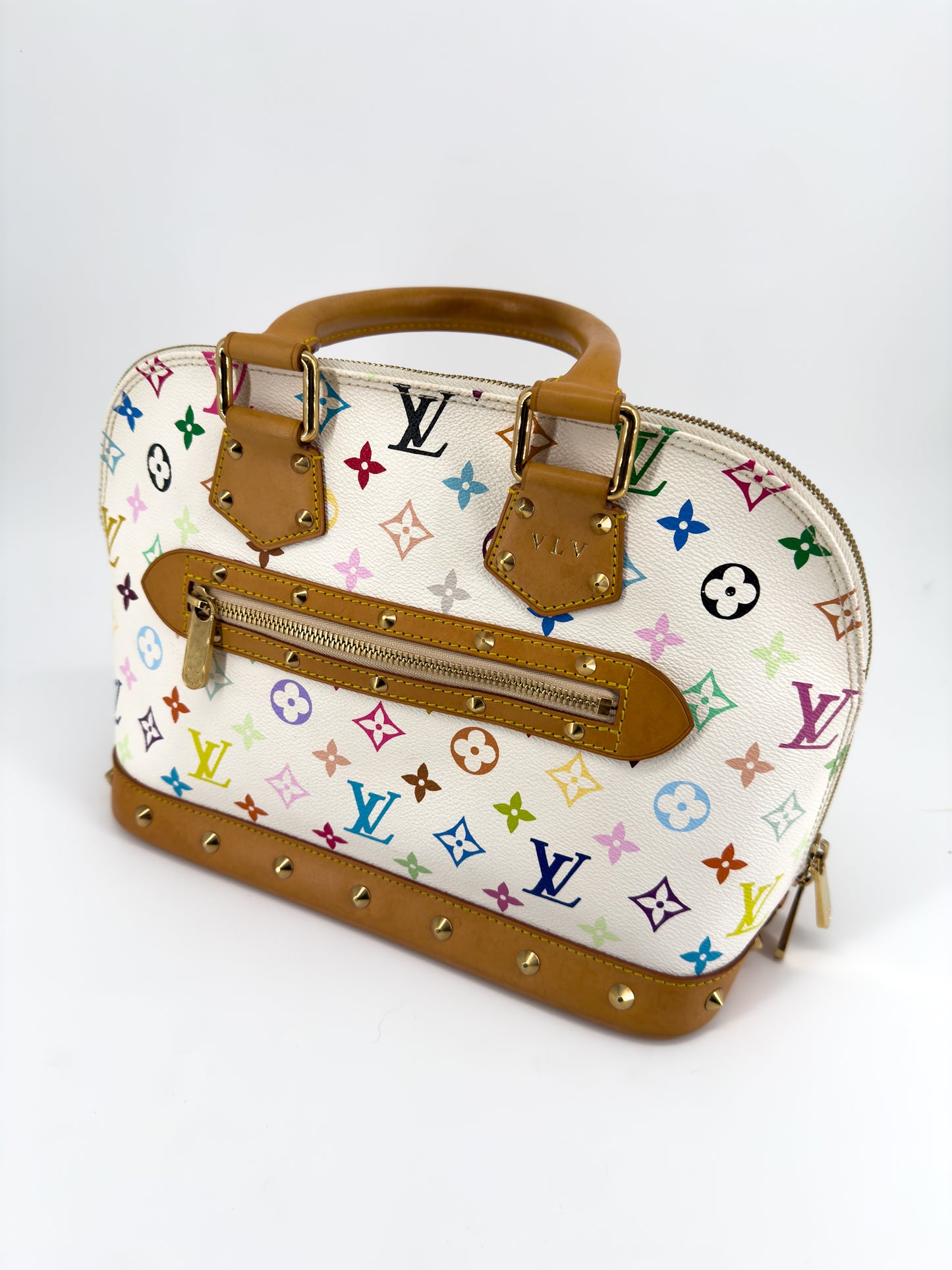 Louis Vuitton Alma Multicolore par Takashi Murakami — Toile Monogram Blanc, Cuir Naturel Clouté, Édition 2004