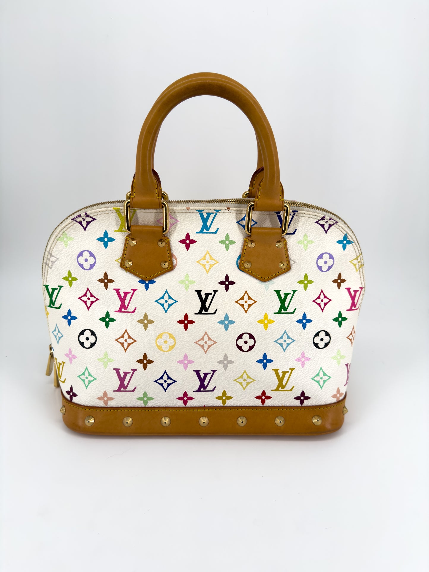 Louis Vuitton Alma Multicolore par Takashi Murakami — Toile Monogram Blanc, Cuir Naturel Clouté, Édition 2004