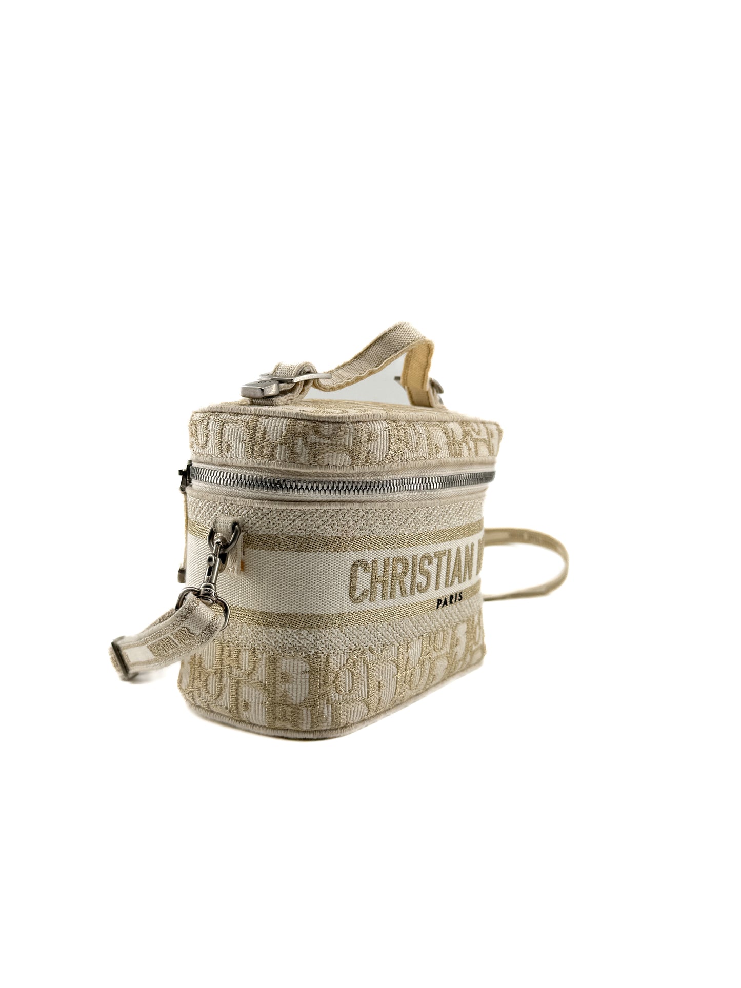 Sac Vanity Christian Dior – Toile Tissée Blanche et Dorée – Élégance Contemporaine et Raffinement Haute Couture