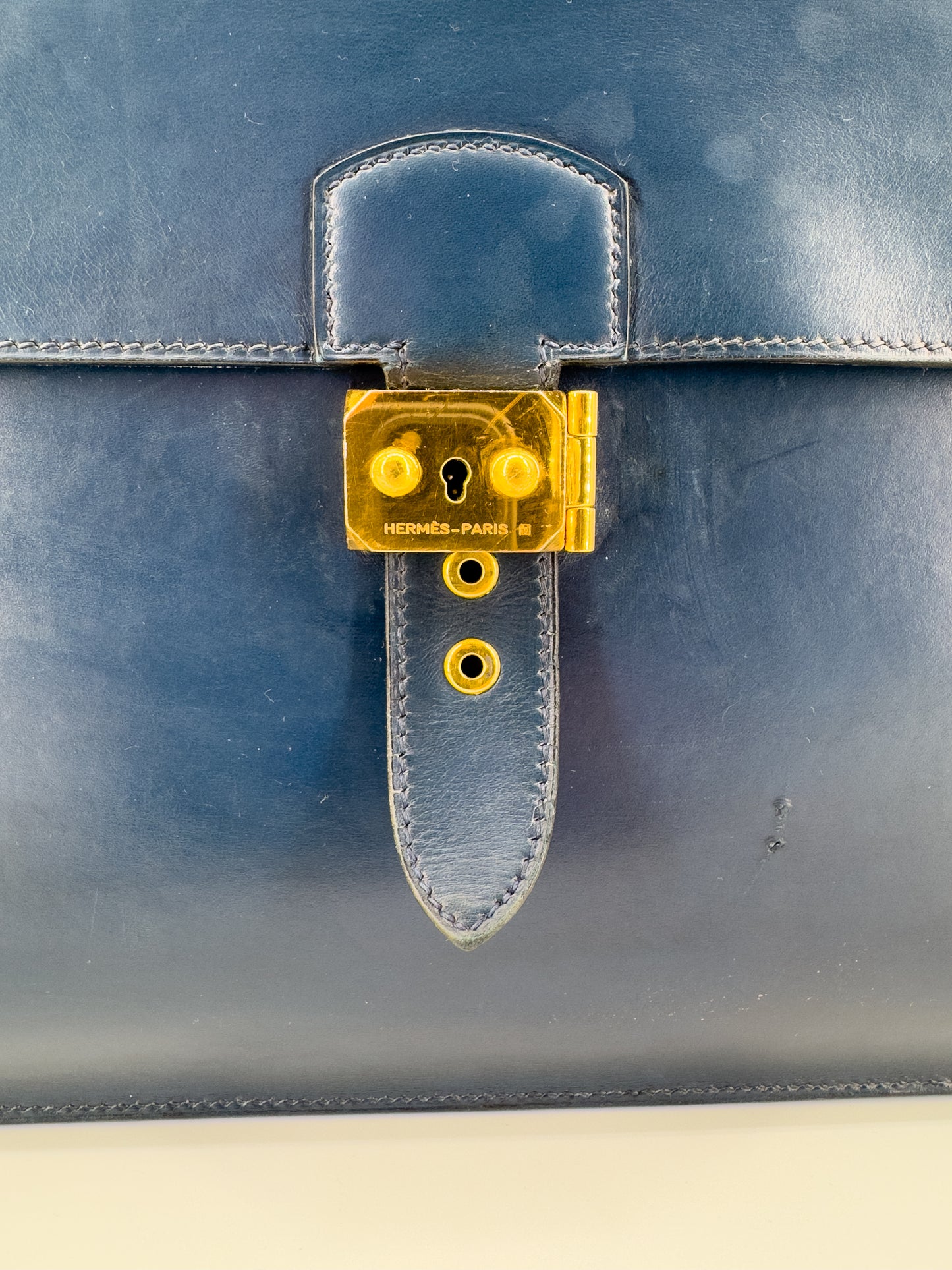 Sac à dépêches Hermès en cuir box bleu marine