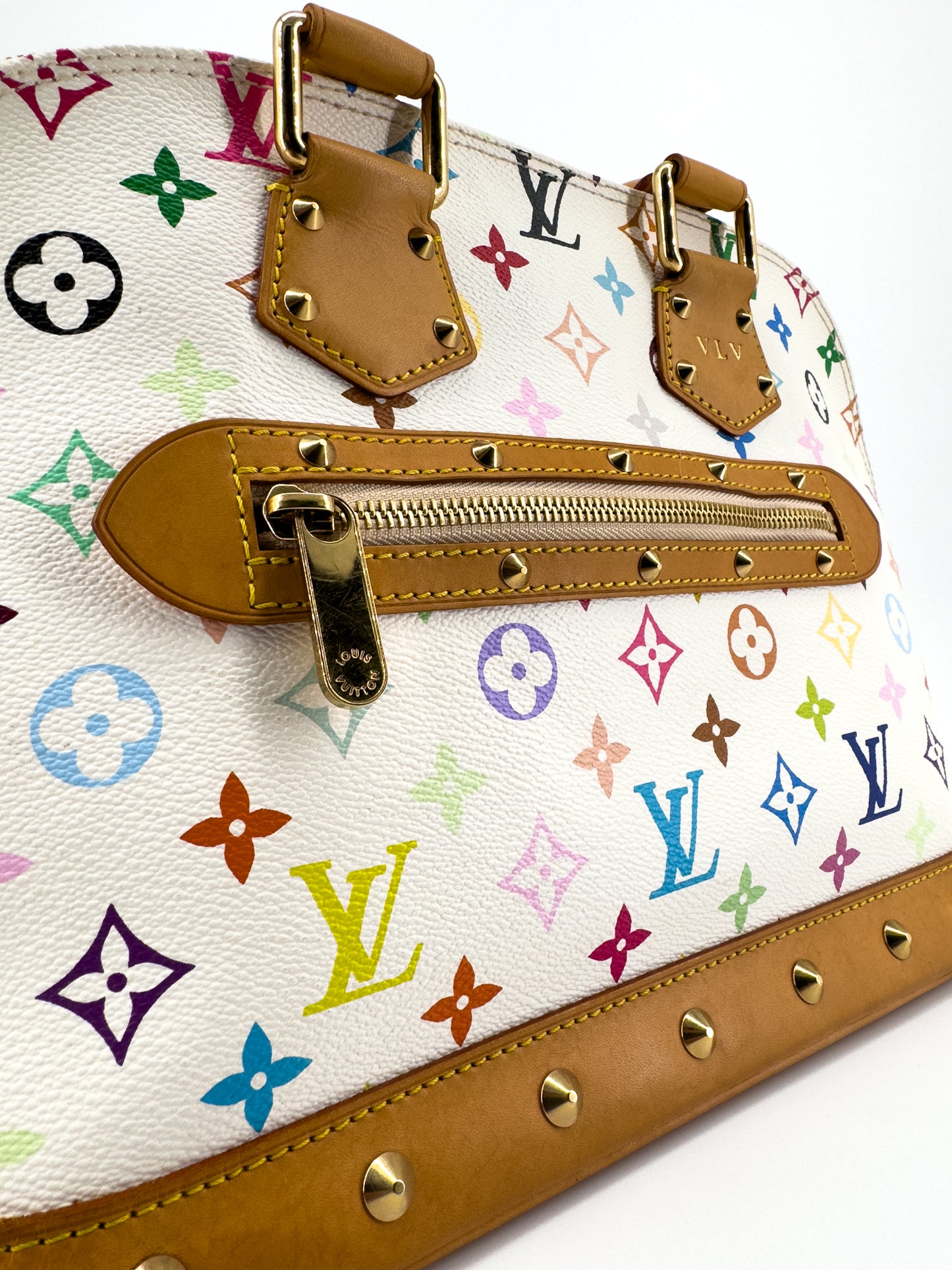 Louis Vuitton Alma Multicolore par Takashi Murakami — Toile Monogram Blanc, Cuir Naturel Clouté, Édition 2004