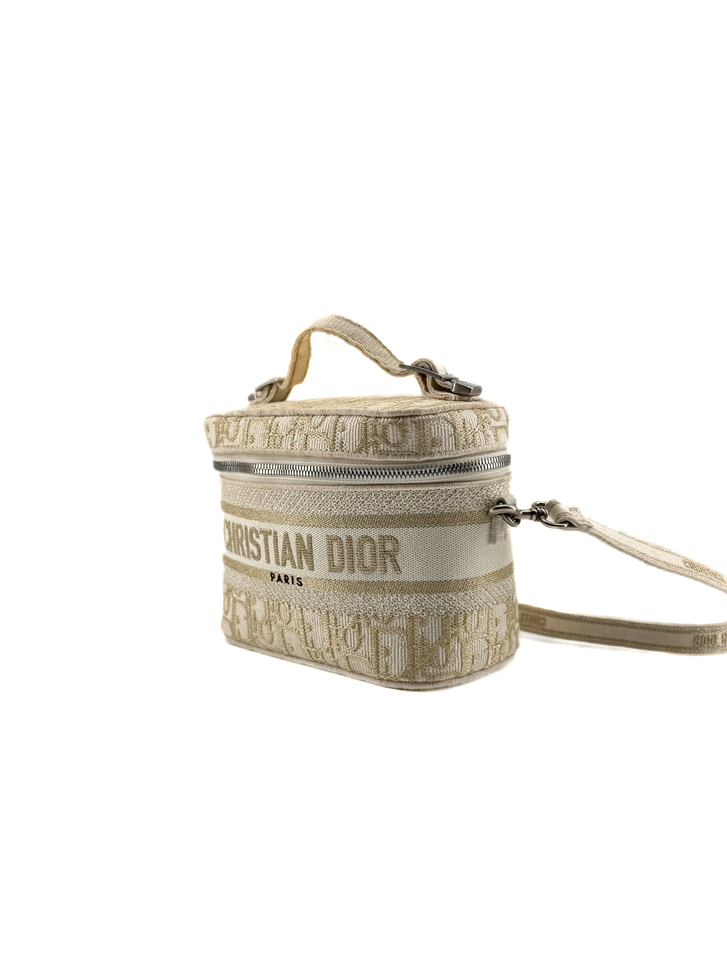 Sac Vanity Christian Dior – Toile Tissée Blanche et Dorée – Élégance Contemporaine et Raffinement Haute Couture