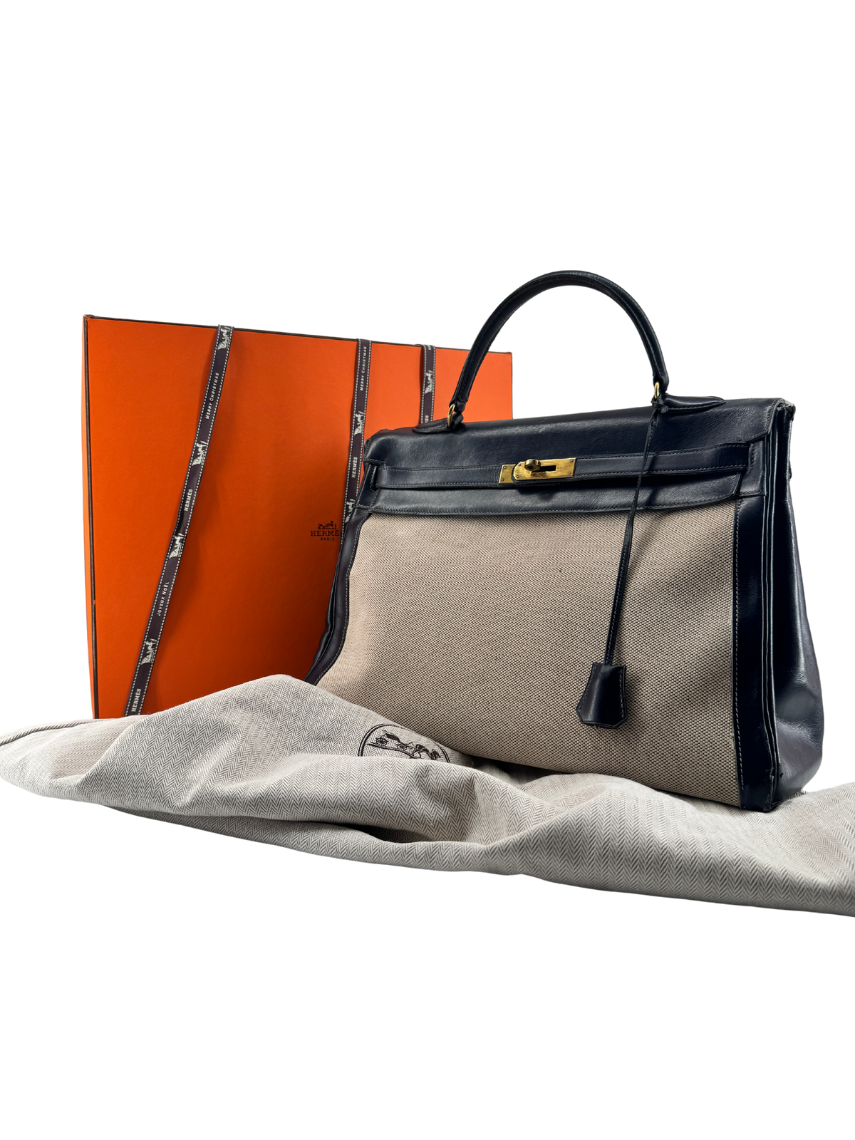 Sac Hermès Kelly 32 Retourné Vintage 1951 en Toile H Écrue & Cuir Box Bleu Nuit, Garniture Plaquée Or — Pièce de collection expertisée