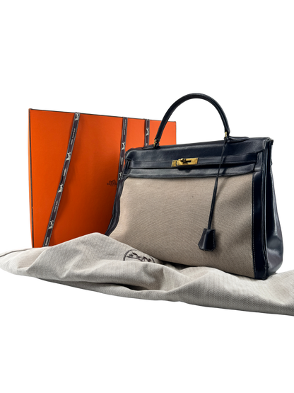 Sac Hermès Kelly 32 Retourné Vintage 1951 en Toile H Écrue & Cuir Box Bleu Nuit, Garniture Plaquée Or — Pièce de collection expertisée