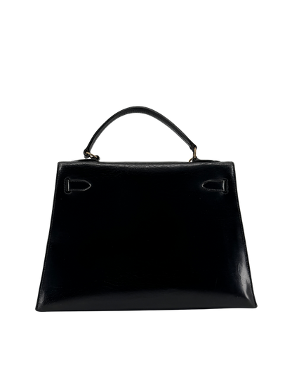 Sac Hermès Kelly 32 Sellier Vintage 1966 en Cuir Box Calf Noir, Garniture Plaquée Or — Pièce de collection historique
