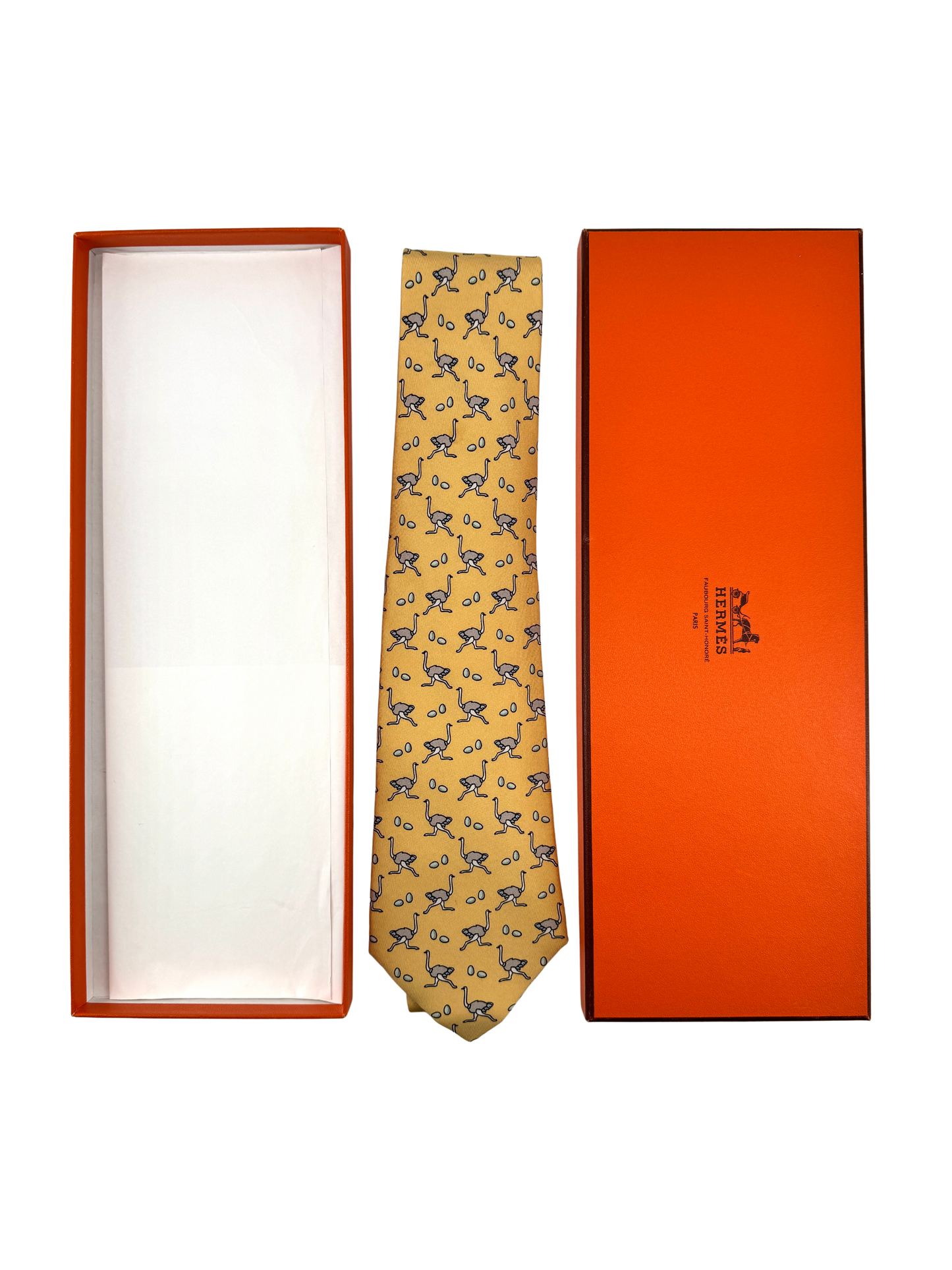 Cravate Hermès en soie Made in France – motif autruches & œufs sur fond jaune