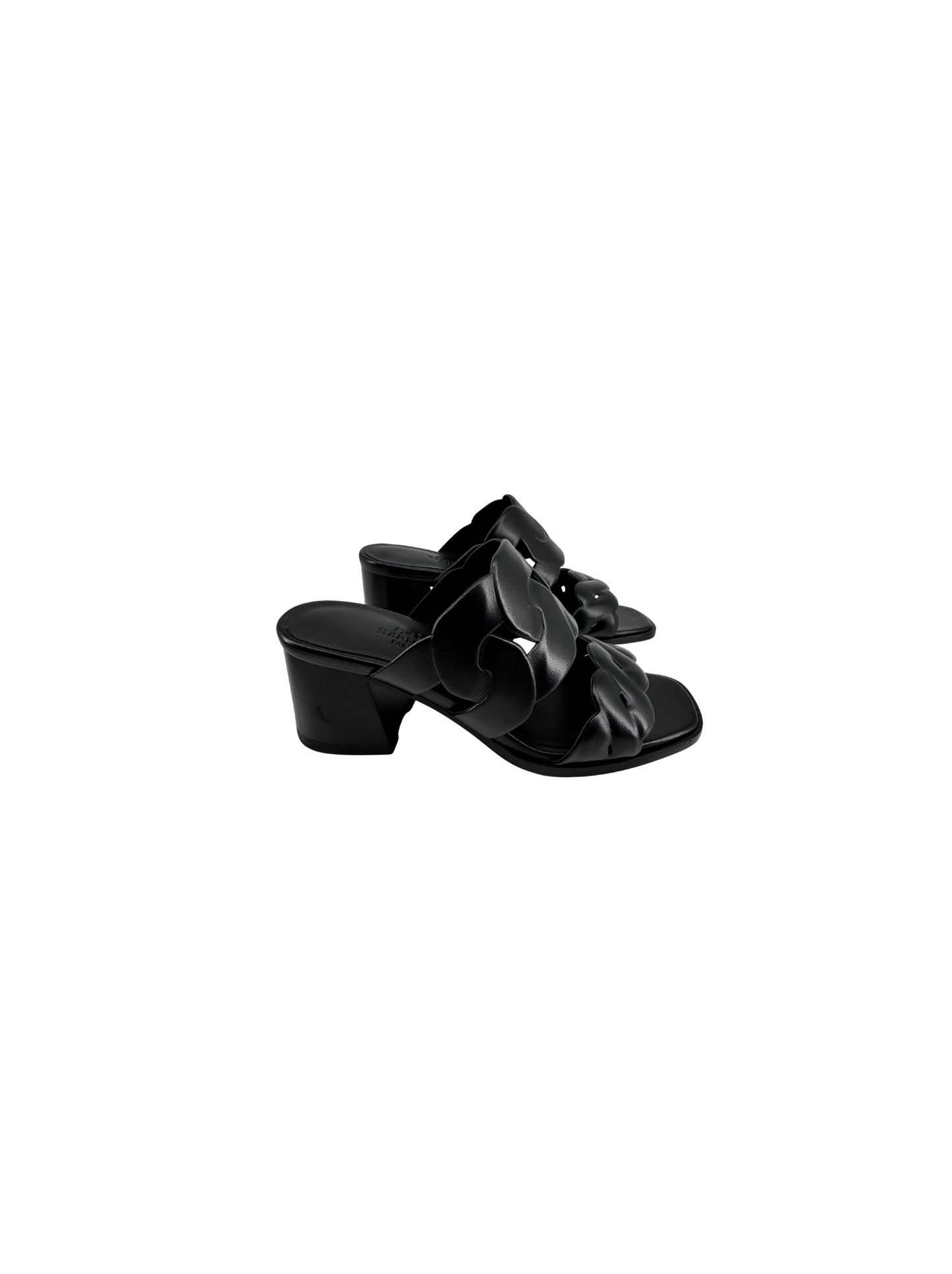 Hermès — Sandales Gaby 60 en nappa noir, motifs Chaîne Gourmette & Chaîne Torsade, talon 6 cm (Made in Italy)