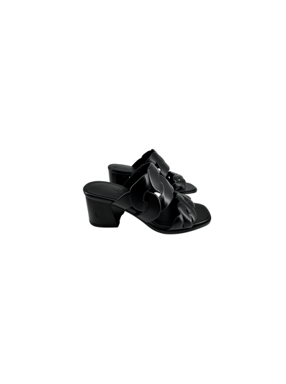Hermès — Sandales Gaby 60 en nappa noir, motifs Chaîne Gourmette & Chaîne Torsade, talon 6 cm (Made in Italy)