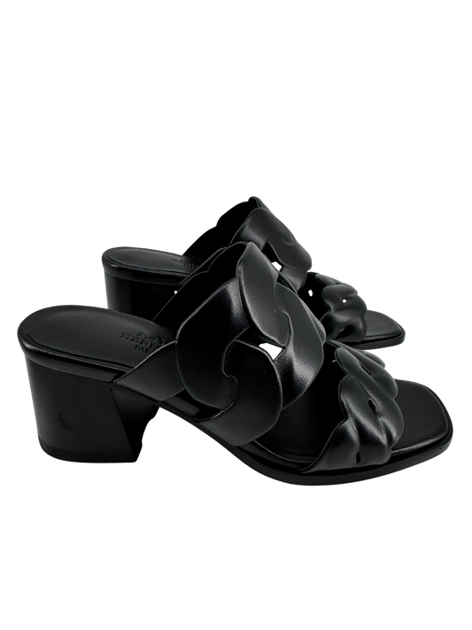 Hermès — Sandales Gaby 60 en nappa noir, motifs Chaîne Gourmette & Chaîne Torsade, talon 6 cm (Made in Italy)