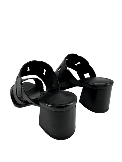 Hermès — Sandales Gaby 60 en nappa noir, motifs Chaîne Gourmette & Chaîne Torsade, talon 6 cm (Made in Italy)