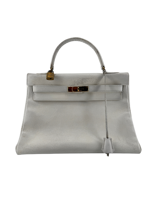 Hermès — Kelly 32 Retourné Vintage Circa 1959, Cuir Box Blanc, Garniture Plaquée Or
