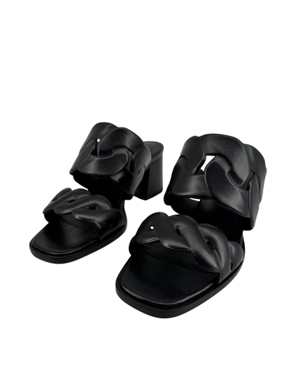 Hermès — Sandales Gaby 60 en nappa noir, motifs Chaîne Gourmette & Chaîne Torsade, talon 6 cm (Made in Italy)