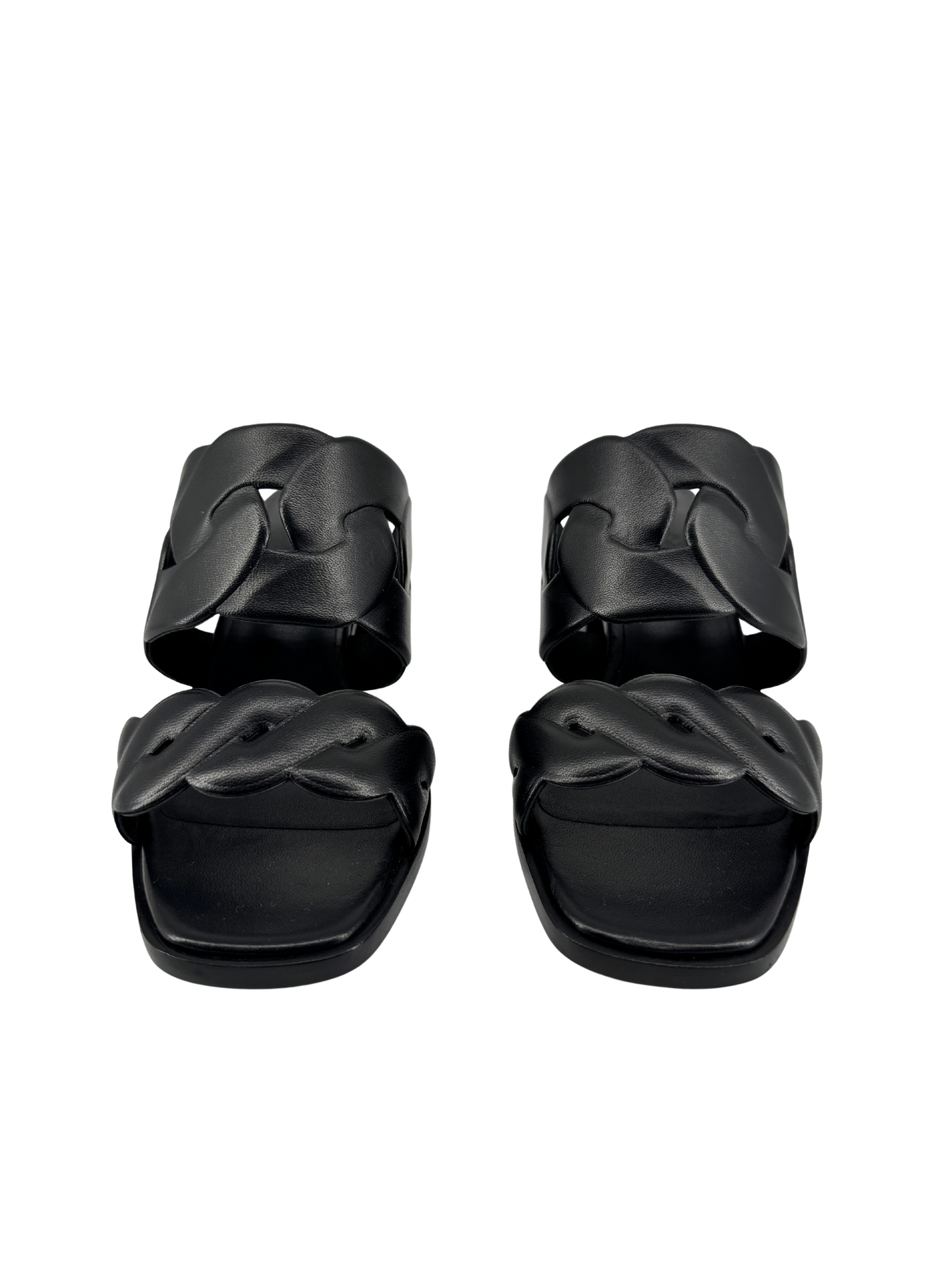 Hermès — Sandales Gaby 60 en nappa noir, motifs Chaîne Gourmette & Chaîne Torsade, talon 6 cm (Made in Italy)
