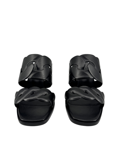 Hermès — Sandales Gaby 60 en nappa noir, motifs Chaîne Gourmette & Chaîne Torsade, talon 6 cm (Made in Italy)
