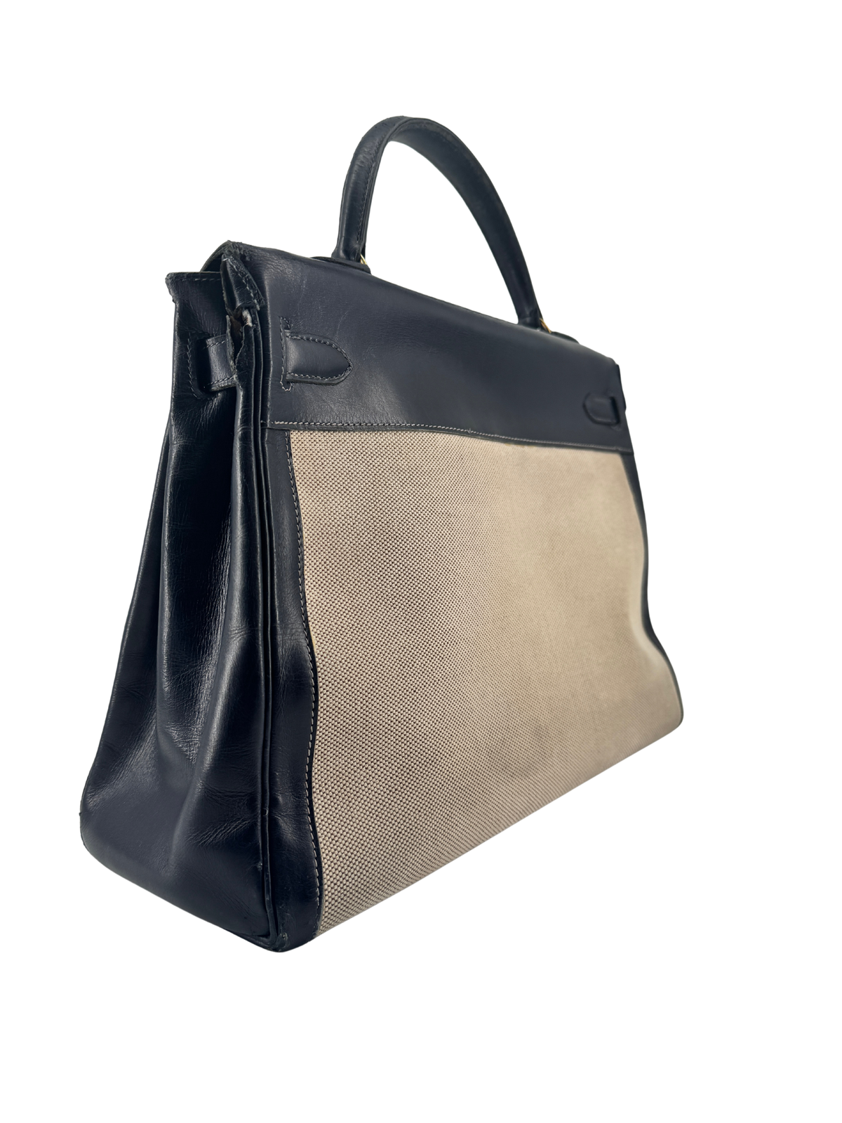 Sac Hermès Kelly 32 Retourné Vintage 1951 en Toile H Écrue & Cuir Box Bleu Nuit, Garniture Plaquée Or — Pièce de collection expertisée