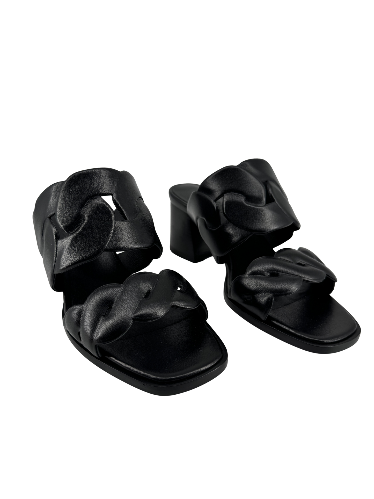 Hermès — Sandales Gaby 60 en nappa noir, motifs Chaîne Gourmette & Chaîne Torsade, talon 6 cm (Made in Italy)