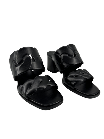 Hermès — Sandales Gaby 60 en nappa noir, motifs Chaîne Gourmette & Chaîne Torsade, talon 6 cm (Made in Italy)