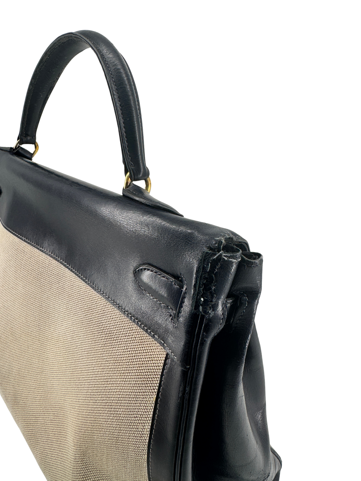Sac Hermès Kelly 32 Retourné Vintage 1951 en Toile H Écrue & Cuir Box Bleu Nuit, Garniture Plaquée Or — Pièce de collection expertisée