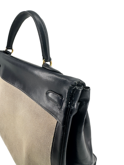 Sac Hermès Kelly 32 Retourné Vintage 1951 en Toile H Écrue & Cuir Box Bleu Nuit, Garniture Plaquée Or — Pièce de collection expertisée
