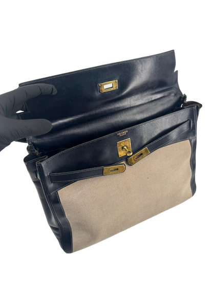 Sac Hermès Kelly 32 Retourné Vintage 1951 en Toile H Écrue & Cuir Box Bleu Nuit, Garniture Plaquée Or — Pièce de collection expertisée