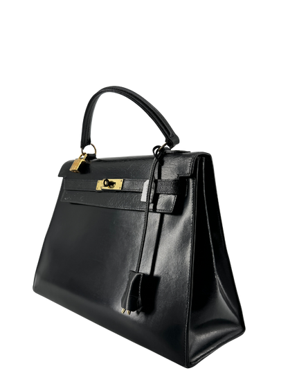 Sac Hermès Kelly 32 Sellier Vintage 1966 en Cuir Box Calf Noir, Garniture Plaquée Or — Pièce de collection historique