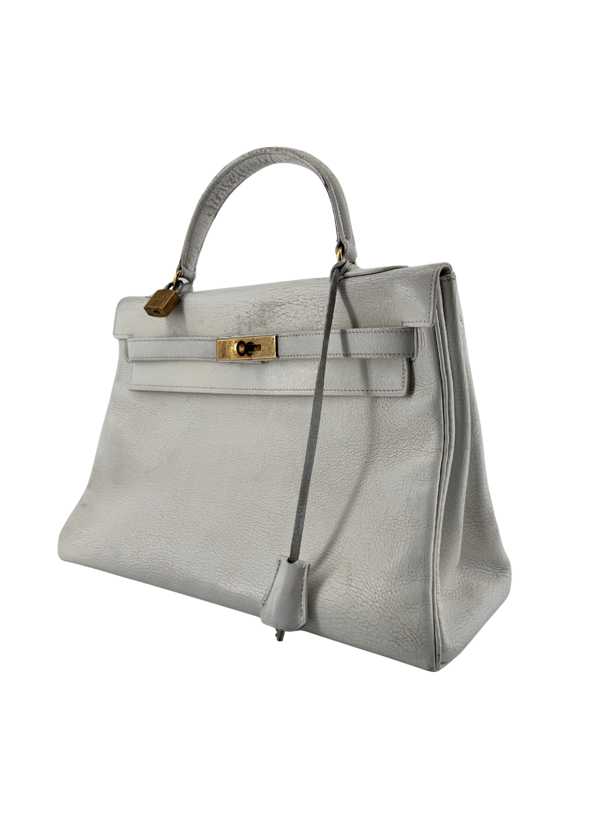 Hermès — Kelly 32 Retourné Vintage Circa 1959, Cuir Box Blanc, Garniture Plaquée Or