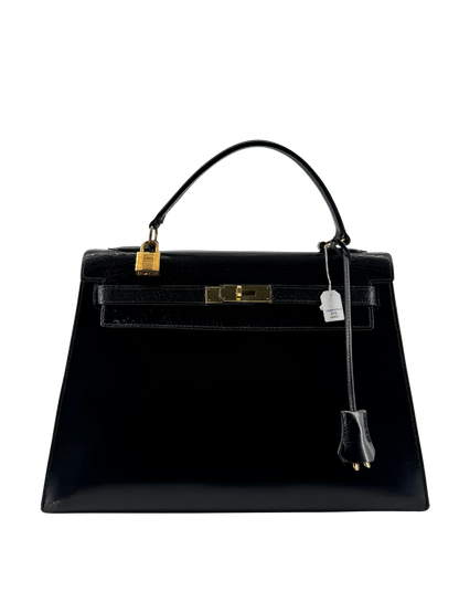 Sac Hermès Kelly 32 Sellier Vintage 1966 en Cuir Box Calf Noir, Garniture Plaquée Or — Pièce de collection historique