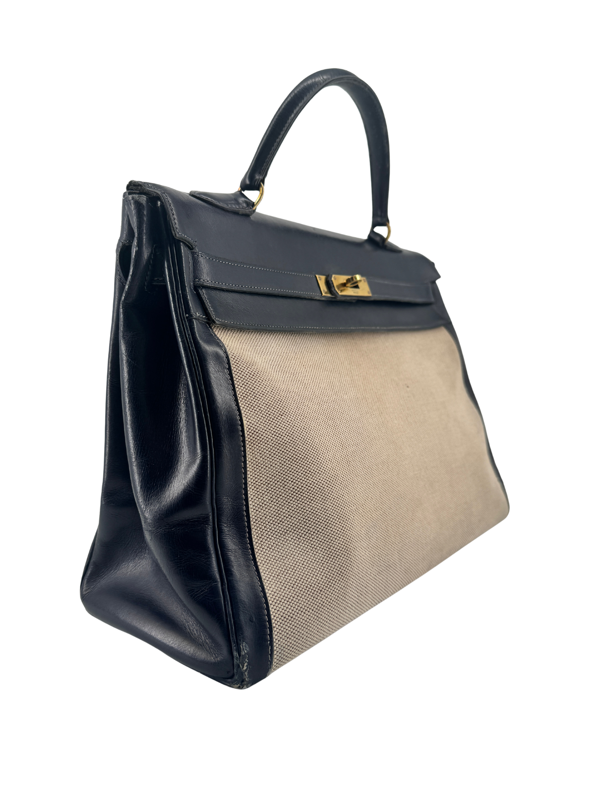 Sac Hermès Kelly 32 Retourné Vintage 1951 en Toile H Écrue & Cuir Box Bleu Nuit, Garniture Plaquée Or — Pièce de collection expertisée