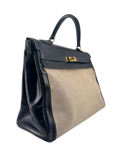 Sac Hermès Kelly 32 Retourné Vintage 1951 en Toile H Écrue & Cuir Box Bleu Nuit, Garniture Plaquée Or — Pièce de collection expertisée