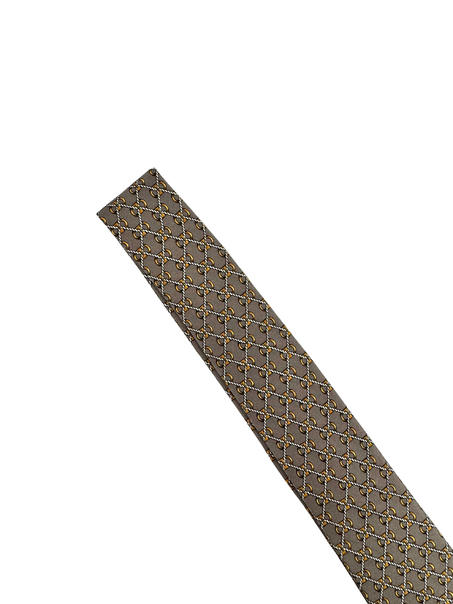 Cravate Hermès en twill de soie Made in France – décor « chaînes & maillons » sur fond gris souris