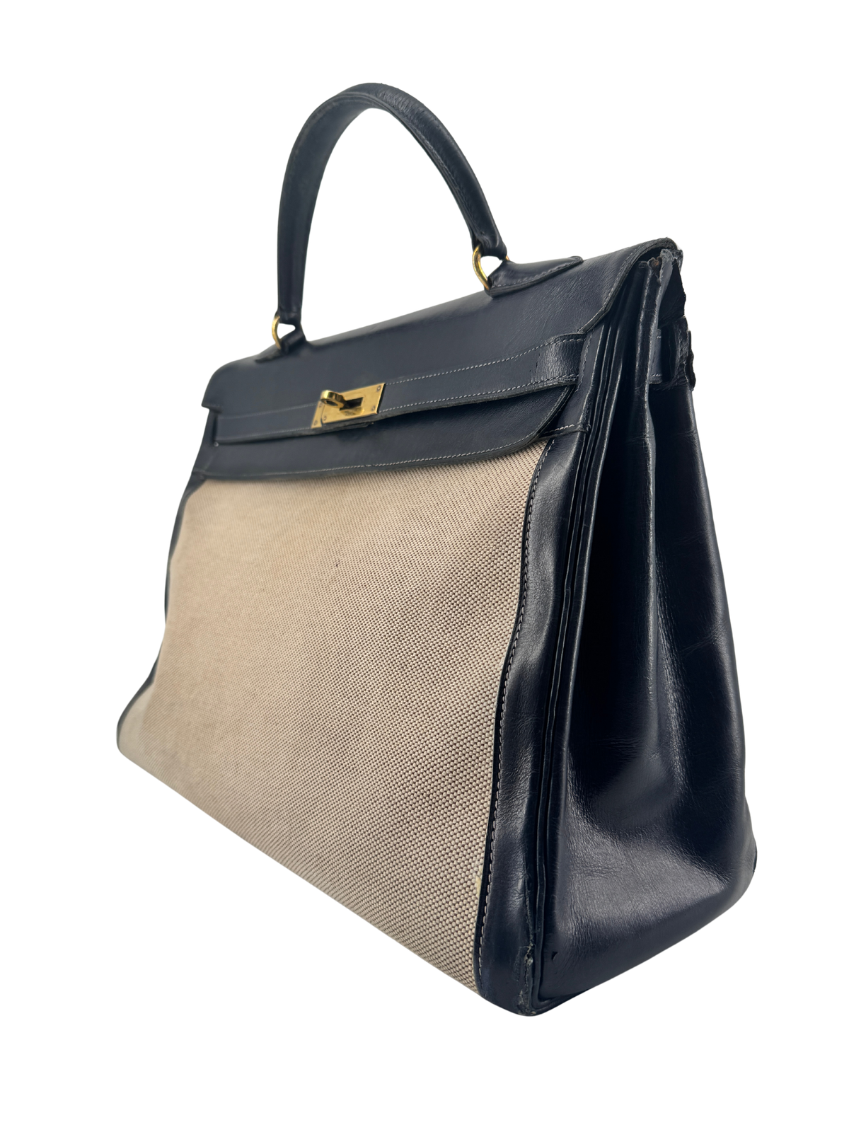 Sac Hermès Kelly 32 Retourné Vintage 1951 en Toile H Écrue & Cuir Box Bleu Nuit, Garniture Plaquée Or — Pièce de collection expertisée