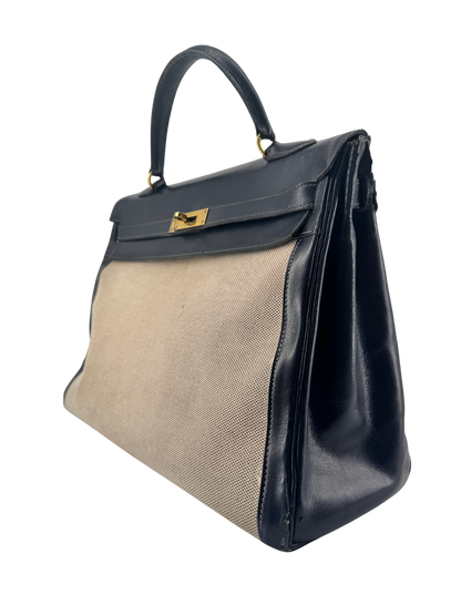 Sac Hermès Kelly 32 Retourné Vintage 1951 en Toile H Écrue & Cuir Box Bleu Nuit, Garniture Plaquée Or — Pièce de collection expertisée