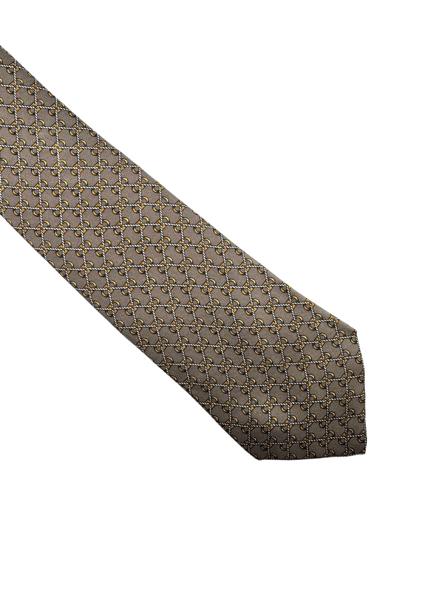 Cravate Hermès en twill de soie Made in France – décor « chaînes & maillons » sur fond gris souris