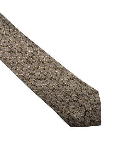 Cravate Hermès en twill de soie Made in France – décor « chaînes & maillons » sur fond gris souris