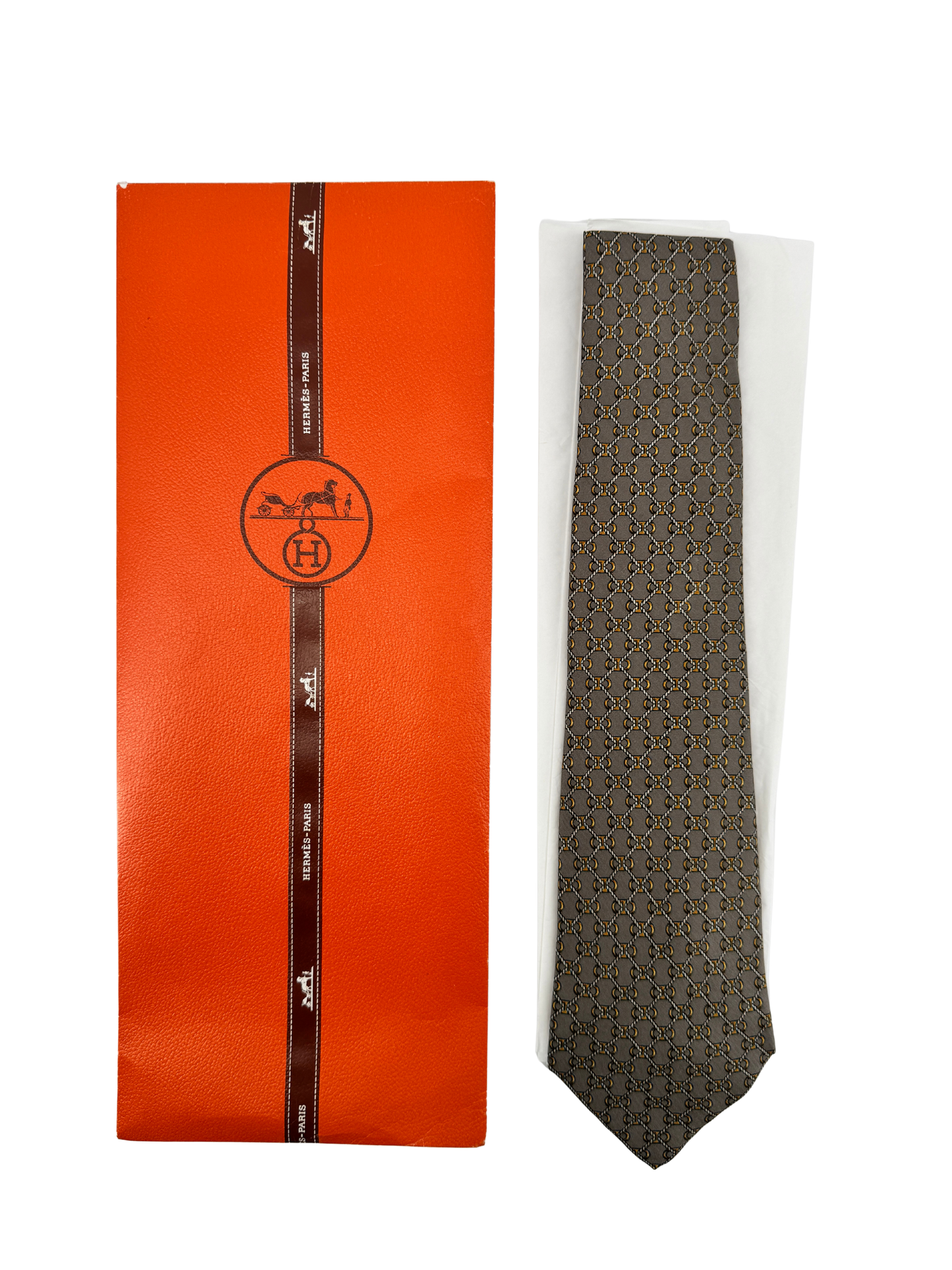 Cravate Hermès en twill de soie Made in France – décor « chaînes & maillons » sur fond gris souris