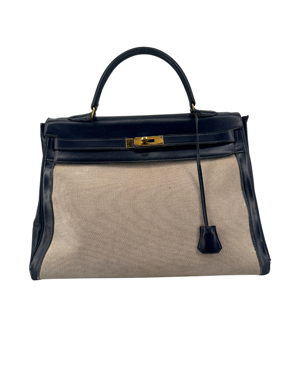 Sac Hermès Kelly 32 Retourné Vintage 1951 en Toile H Écrue & Cuir Box Bleu Nuit, Garniture Plaquée Or — Pièce de collection expertisée