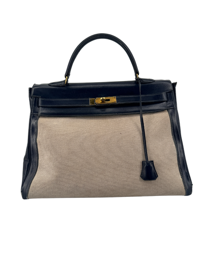 Sac Hermès Kelly 32 Retourné Vintage 1951 en Toile H Écrue & Cuir Box Bleu Nuit, Garniture Plaquée Or — Pièce de collection expertisée