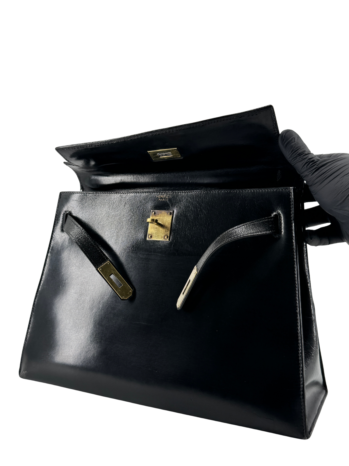 Sac Hermès Kelly 32 Sellier Vintage 1966 en Cuir Box Calf Noir, Garniture Plaquée Or — Pièce de collection historique