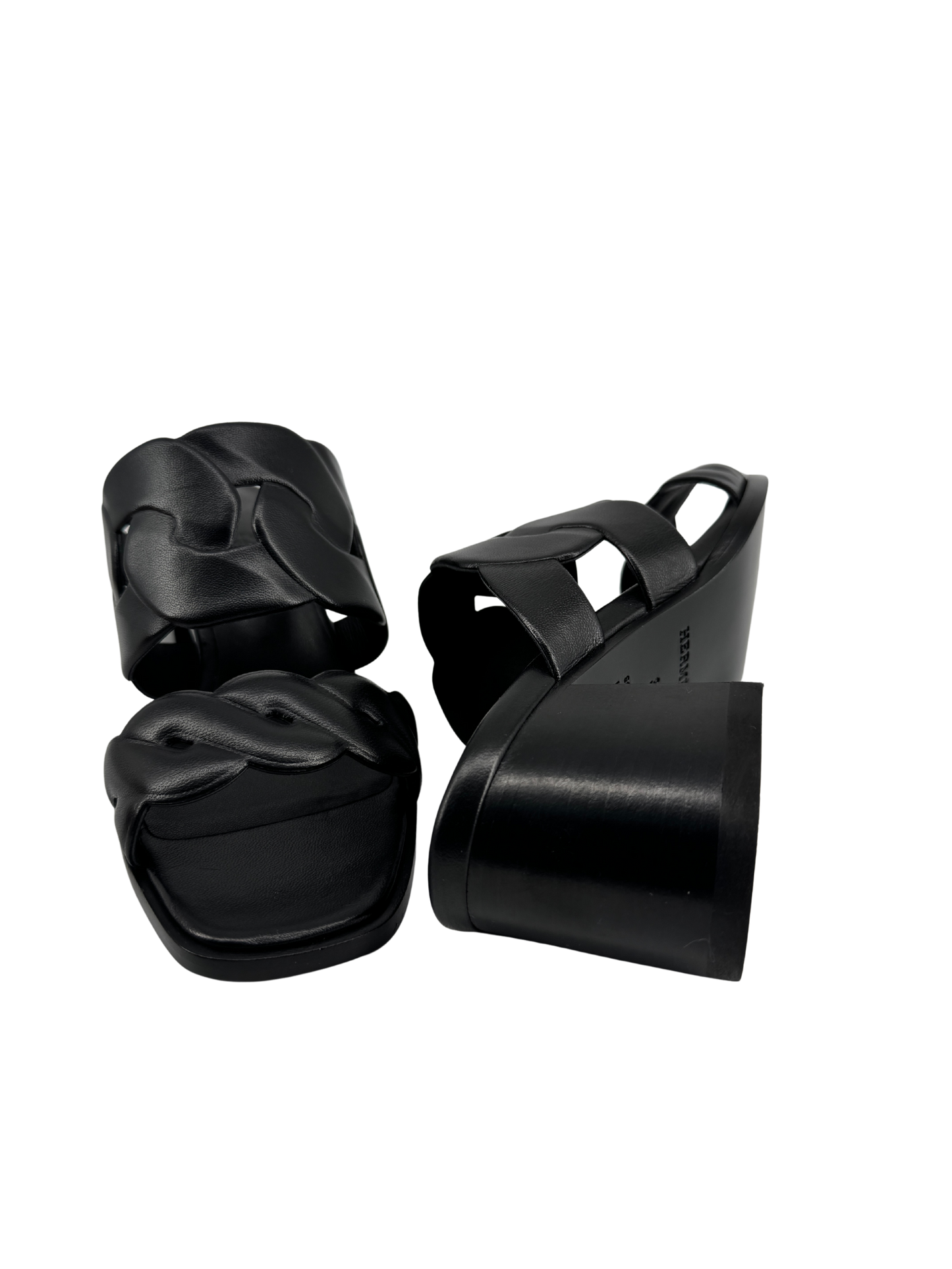 Hermès — Sandales Gaby 60 en nappa noir, motifs Chaîne Gourmette & Chaîne Torsade, talon 6 cm (Made in Italy)