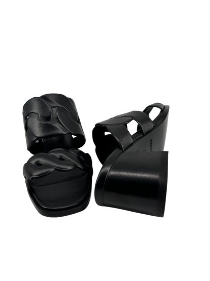 Hermès — Sandales Gaby 60 en nappa noir, motifs Chaîne Gourmette & Chaîne Torsade, talon 6 cm (Made in Italy)