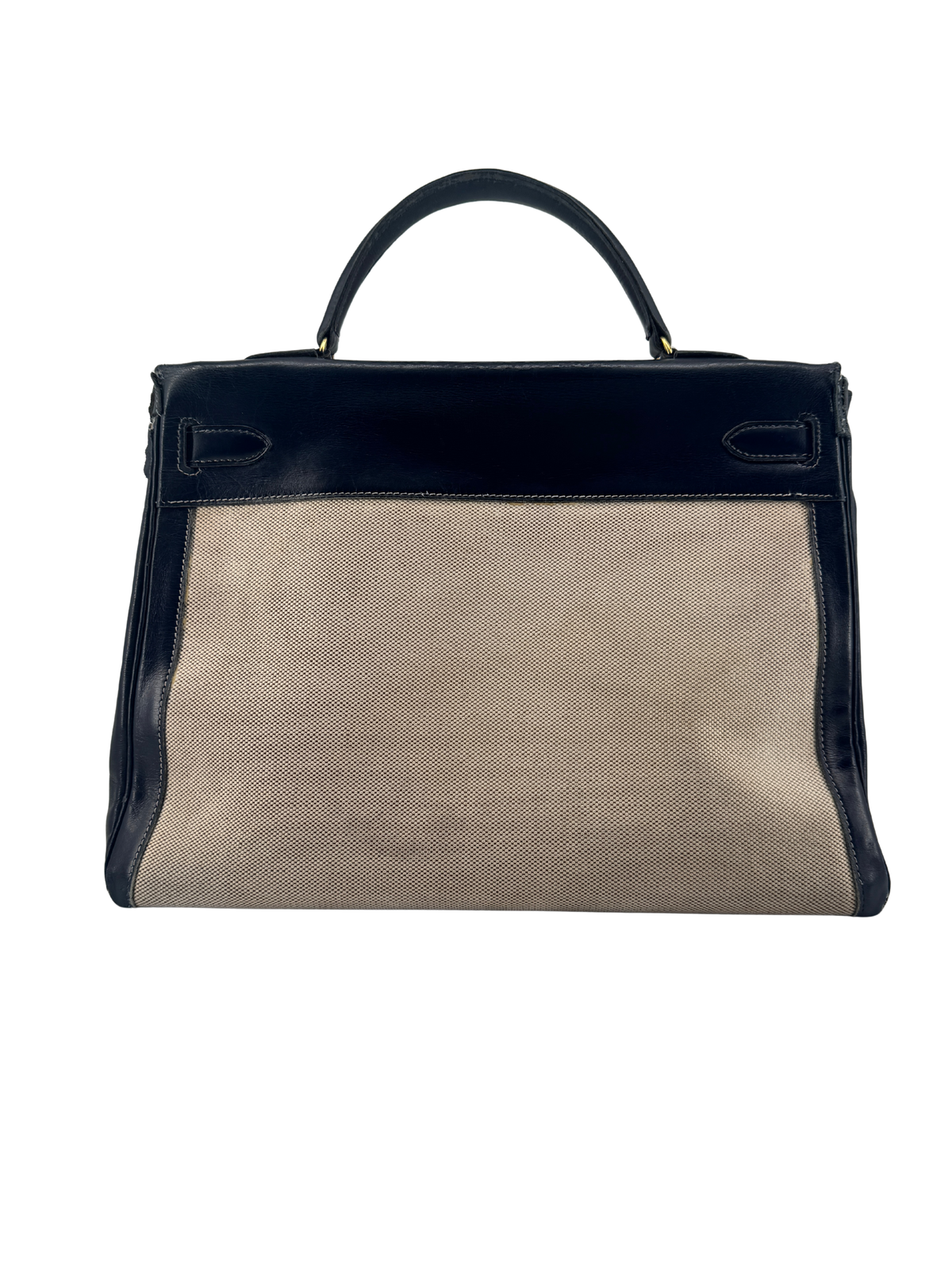 Sac Hermès Kelly 32 Retourné Vintage 1951 en Toile H Écrue & Cuir Box Bleu Nuit, Garniture Plaquée Or — Pièce de collection expertisée