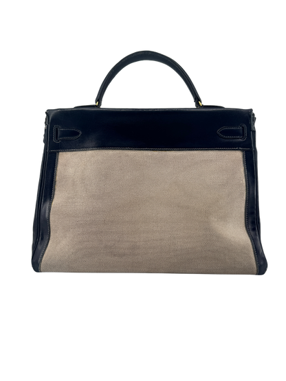 Sac Hermès Kelly 32 Retourné Vintage 1951 en Toile H Écrue & Cuir Box Bleu Nuit, Garniture Plaquée Or — Pièce de collection expertisée