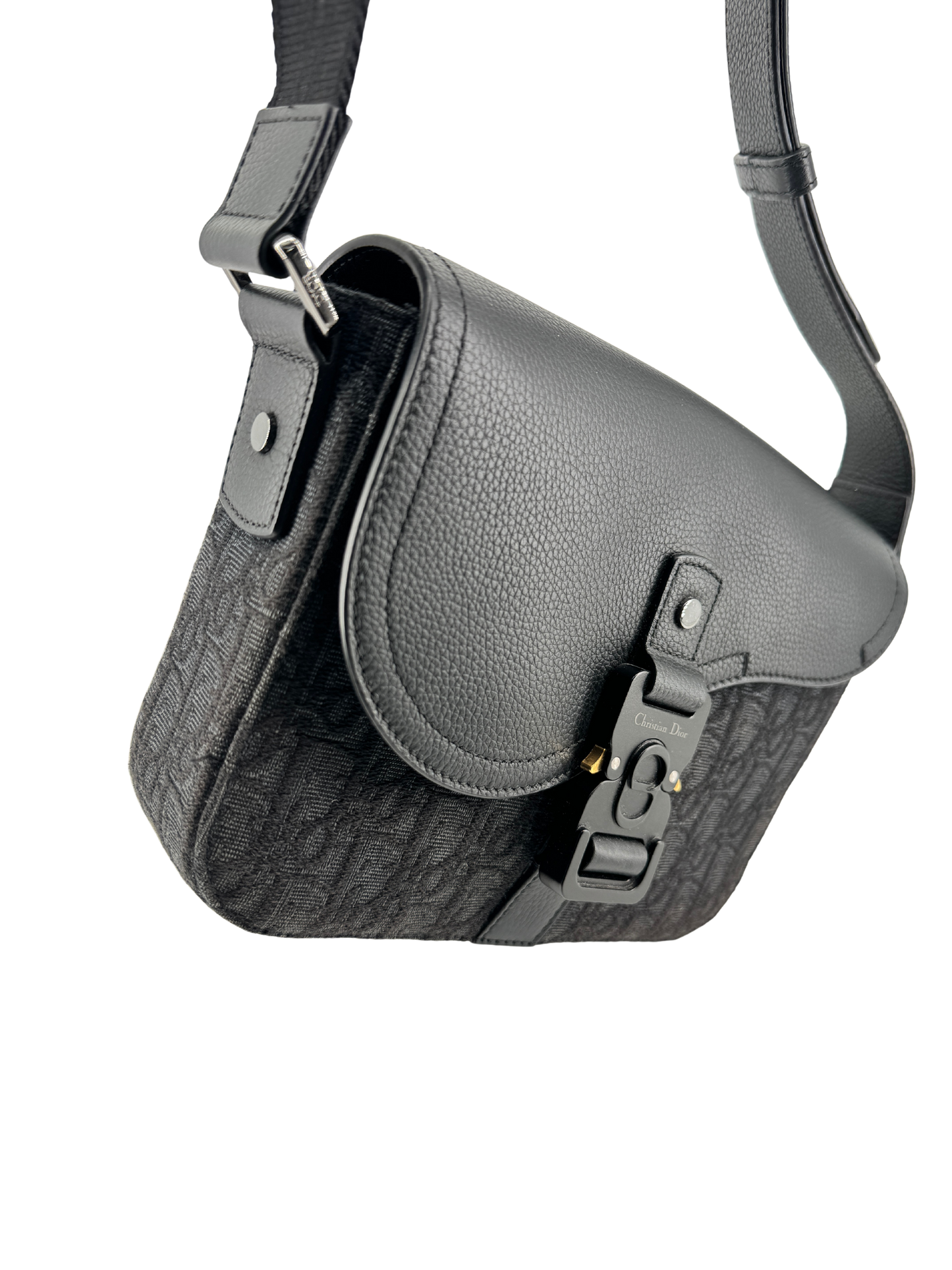 Sac Messenger à rabat Saddle Small Dior — toile jacquard Dior Oblique noire & cuir de veau grainé noir