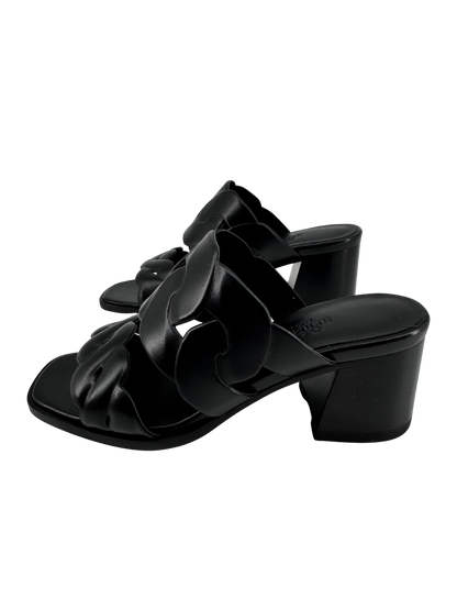Hermès — Sandales Gaby 60 en nappa noir, motifs Chaîne Gourmette & Chaîne Torsade, talon 6 cm (Made in Italy)