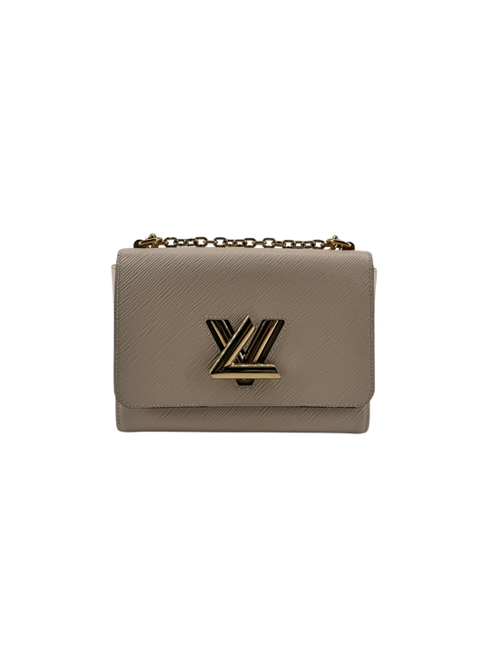 Sac Louis Vuitton Twist MM en Cuir Épi Crème, Fermoir LV Twist Lock Doré, Chaîne Dorée — Pièce expertisée