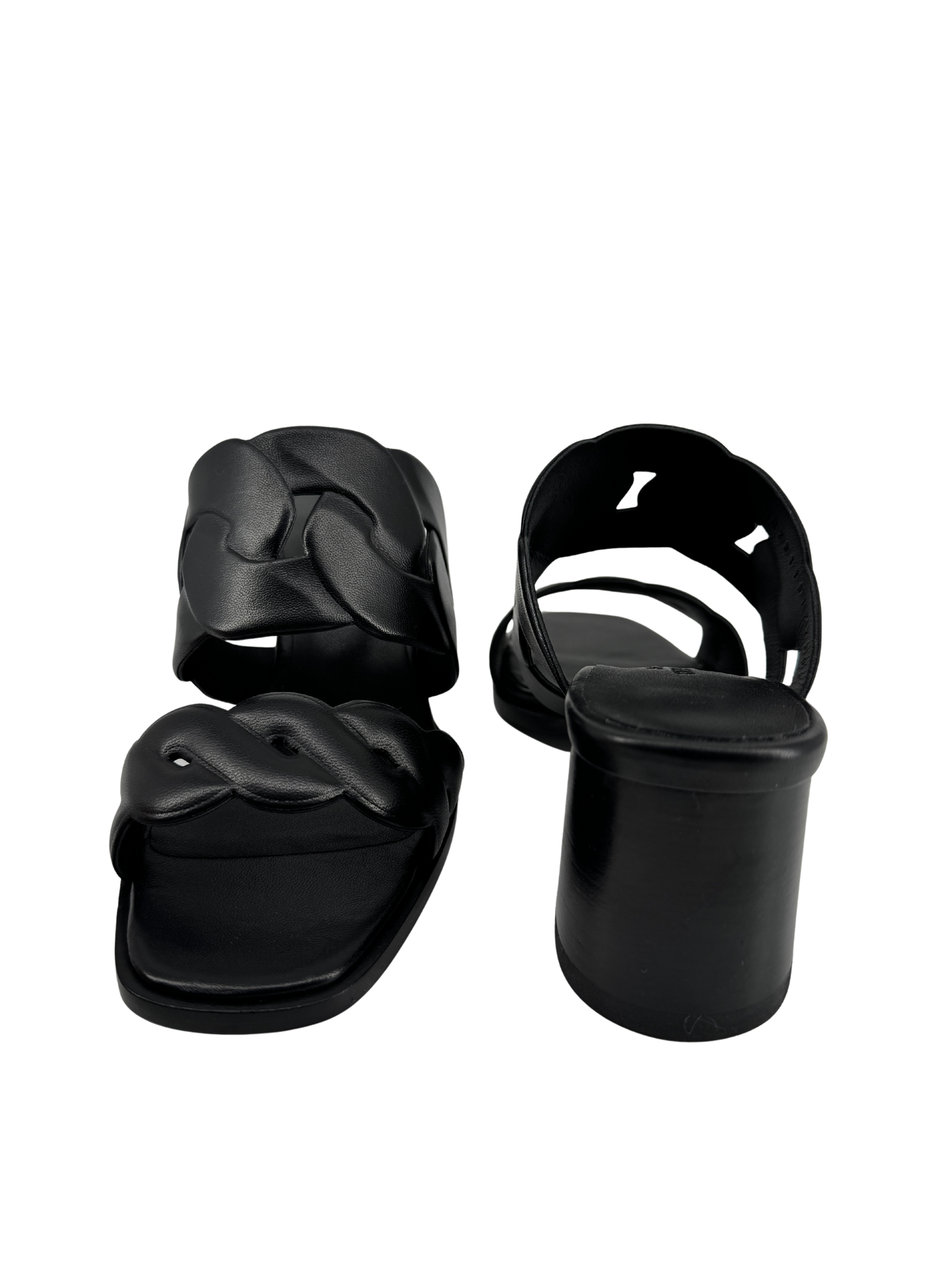 Hermès — Sandales Gaby 60 en nappa noir, motifs Chaîne Gourmette & Chaîne Torsade, talon 6 cm (Made in Italy)