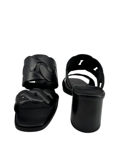 Hermès — Sandales Gaby 60 en nappa noir, motifs Chaîne Gourmette & Chaîne Torsade, talon 6 cm (Made in Italy)
